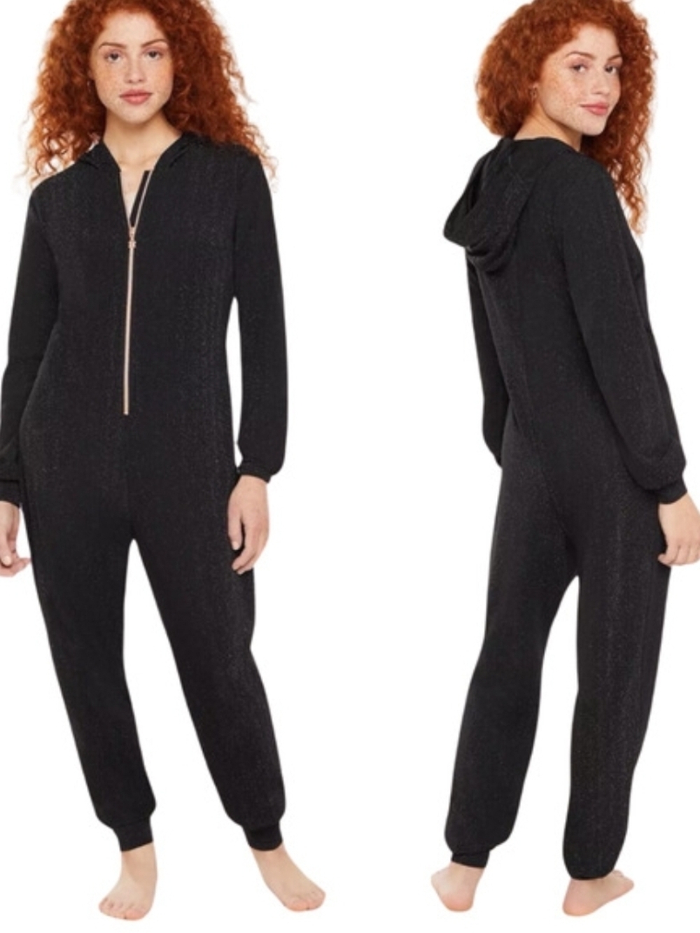 Savage X Fenty Black Hooded Zip-Front Jumpsuit Glitter XL